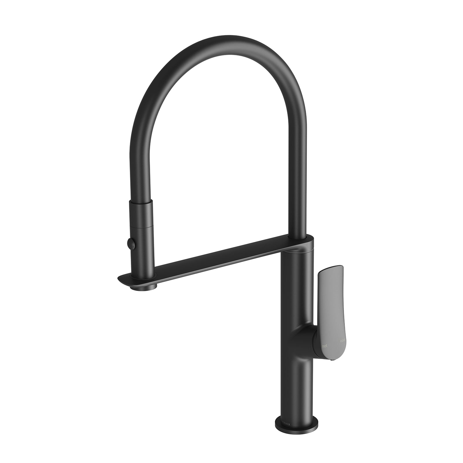 Phoenix Kusabi pull out sink mixer in matte black, with high arched hose and side lever, on white background