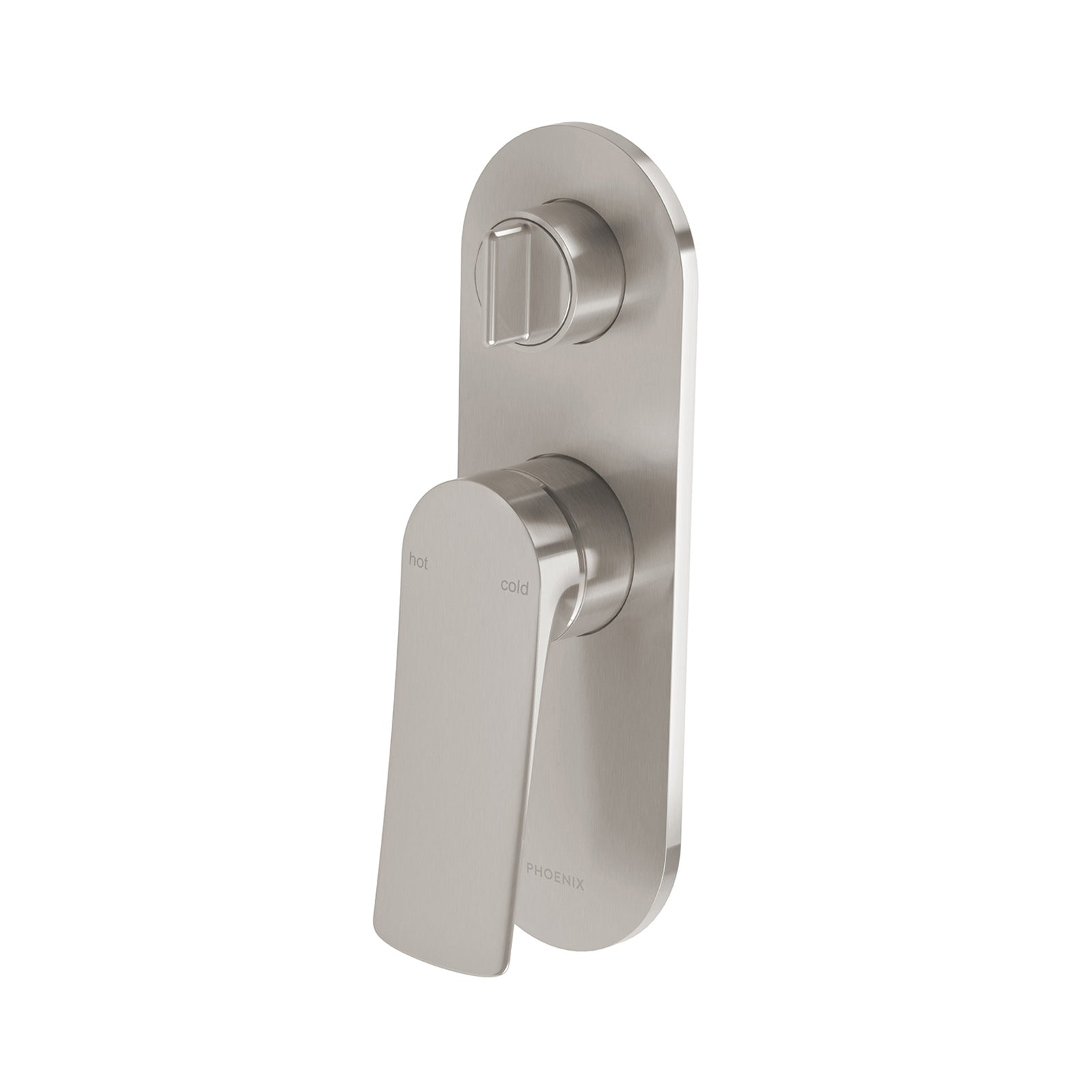 Phoenix Kusabi shower bath diverter mixer in brushed nickel, with lever handle and switch knob, front view