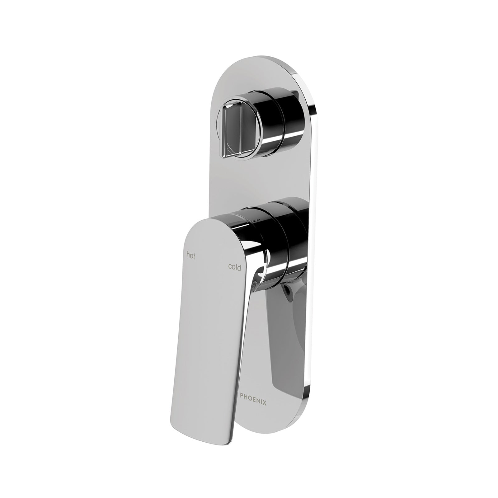 Phoenix Kusabi Chrome shower and bath diverter mixer with lever handle and round trim plate, front view