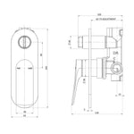 Phoenix Kusabi SwitchMix shower/bath diverter mixer technical drawing with dimensions, matte black, front and side views