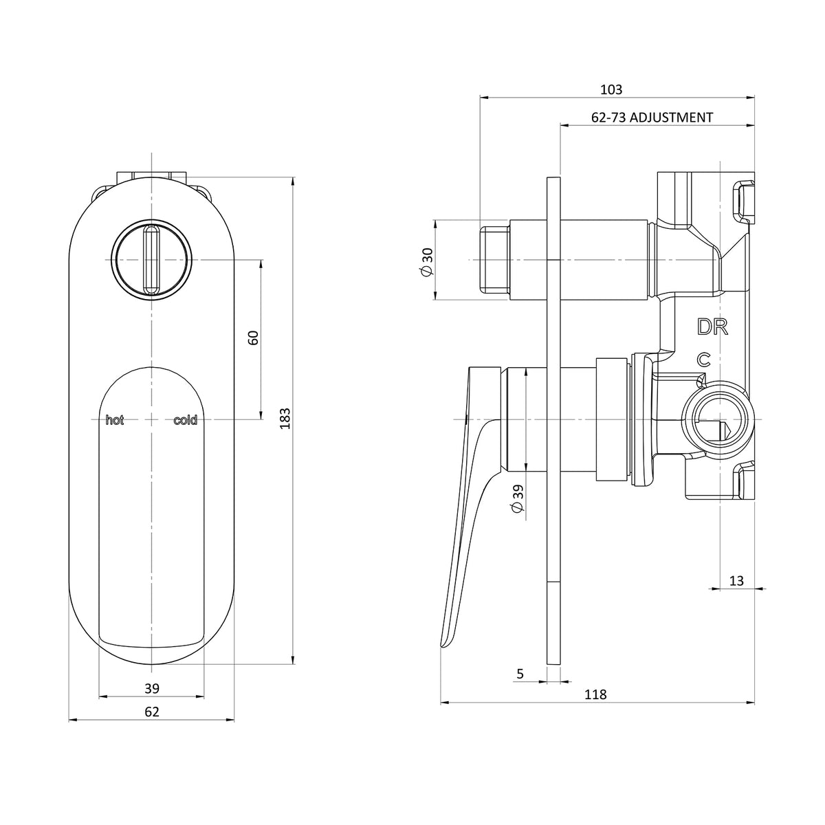 Phoenix Kusabi SwitchMix shower/bath diverter mixer technical drawing with dimensions, matte black, front and side views
