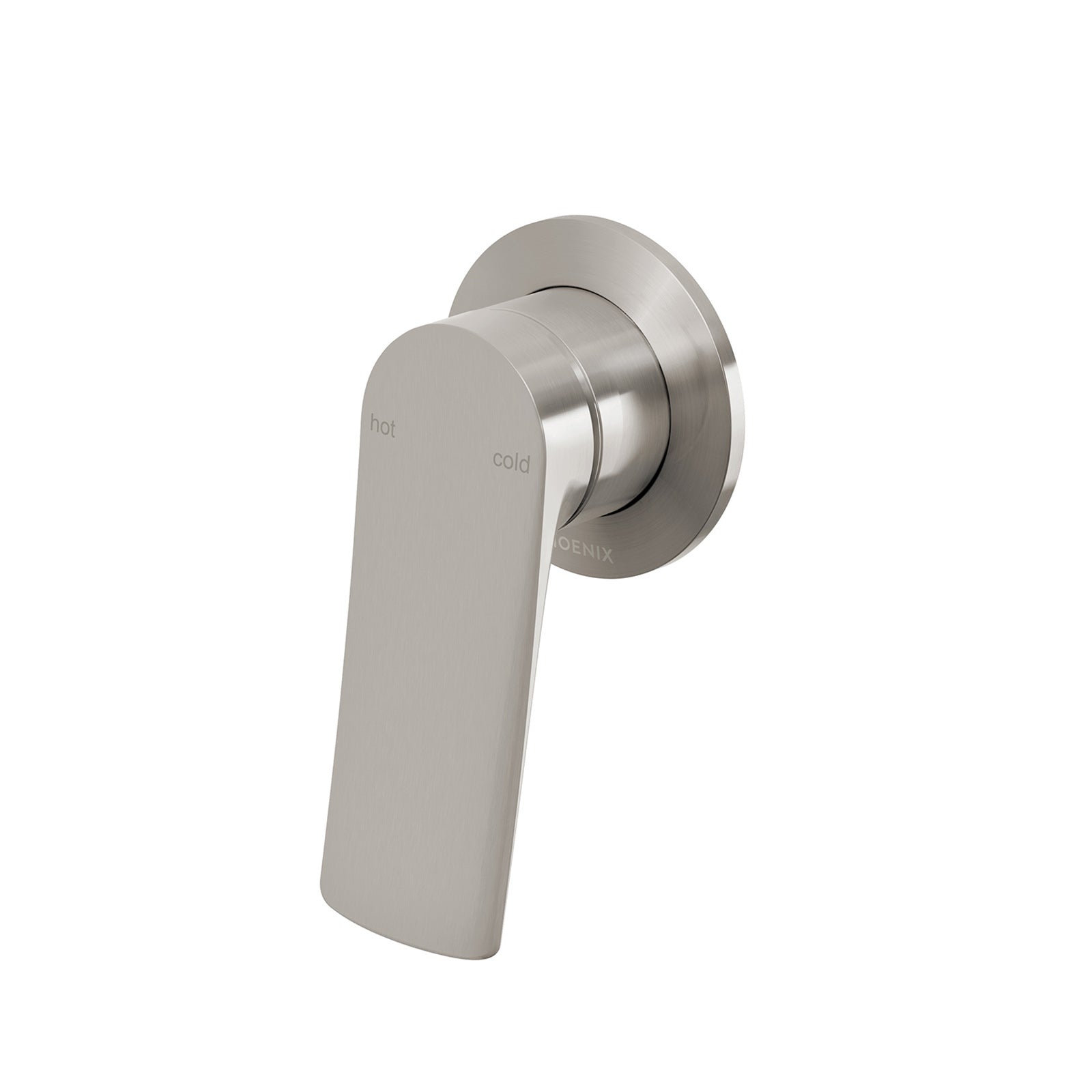 Phoenix Kusabi wall mixer in brushed nickel, square trim with curved lever on round backplate, front view