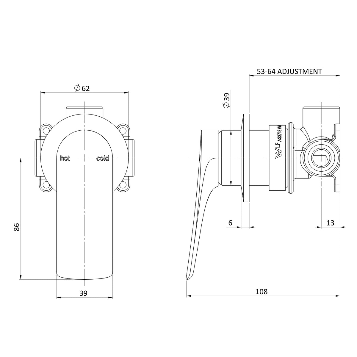 Phoenix Kusabi wall mixer technical drawing with dimensions, brushed nickel shower mixer trim and lever handle￼