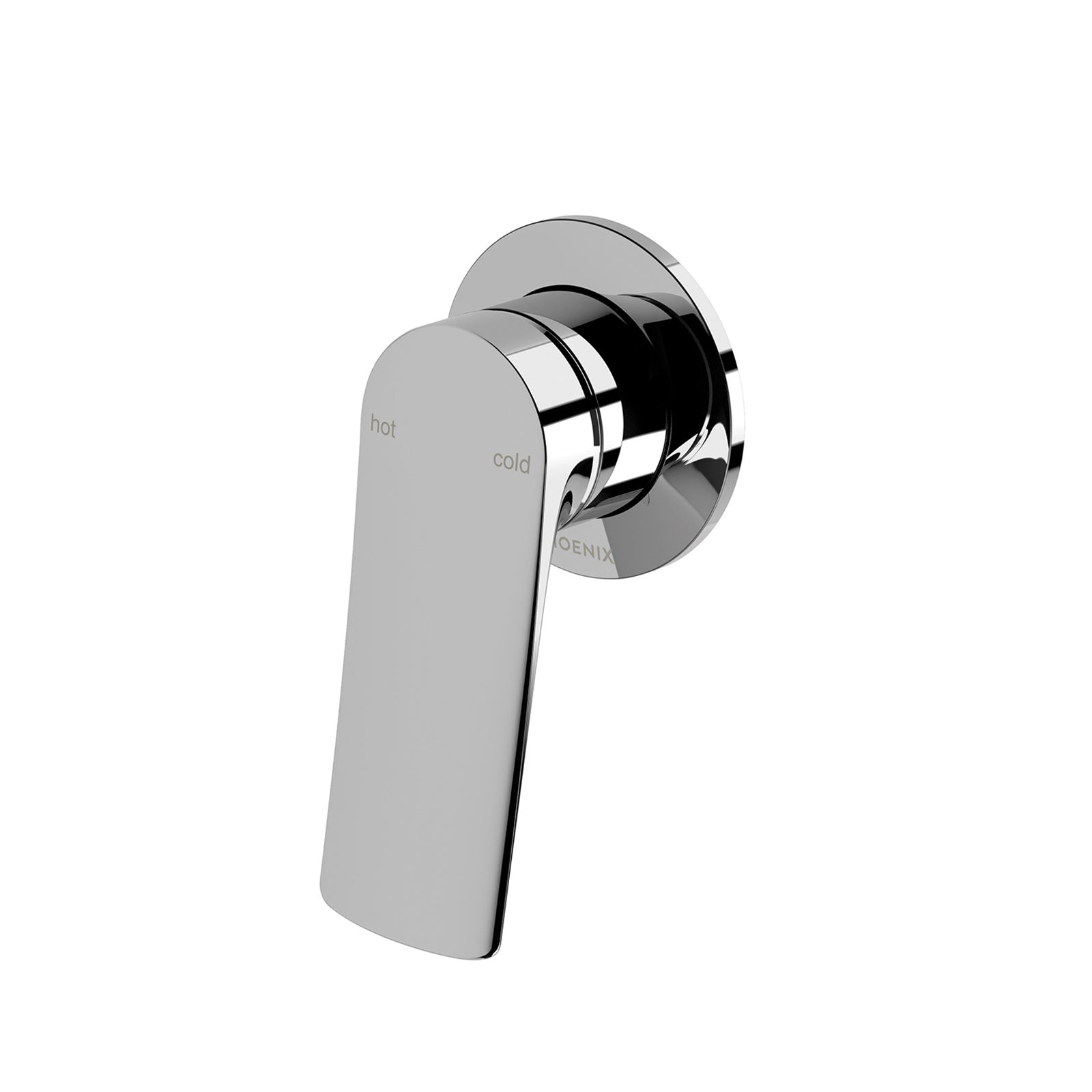 Phoenix Kusabi chrome shower wall mixer with single lever and round wall plate, front view