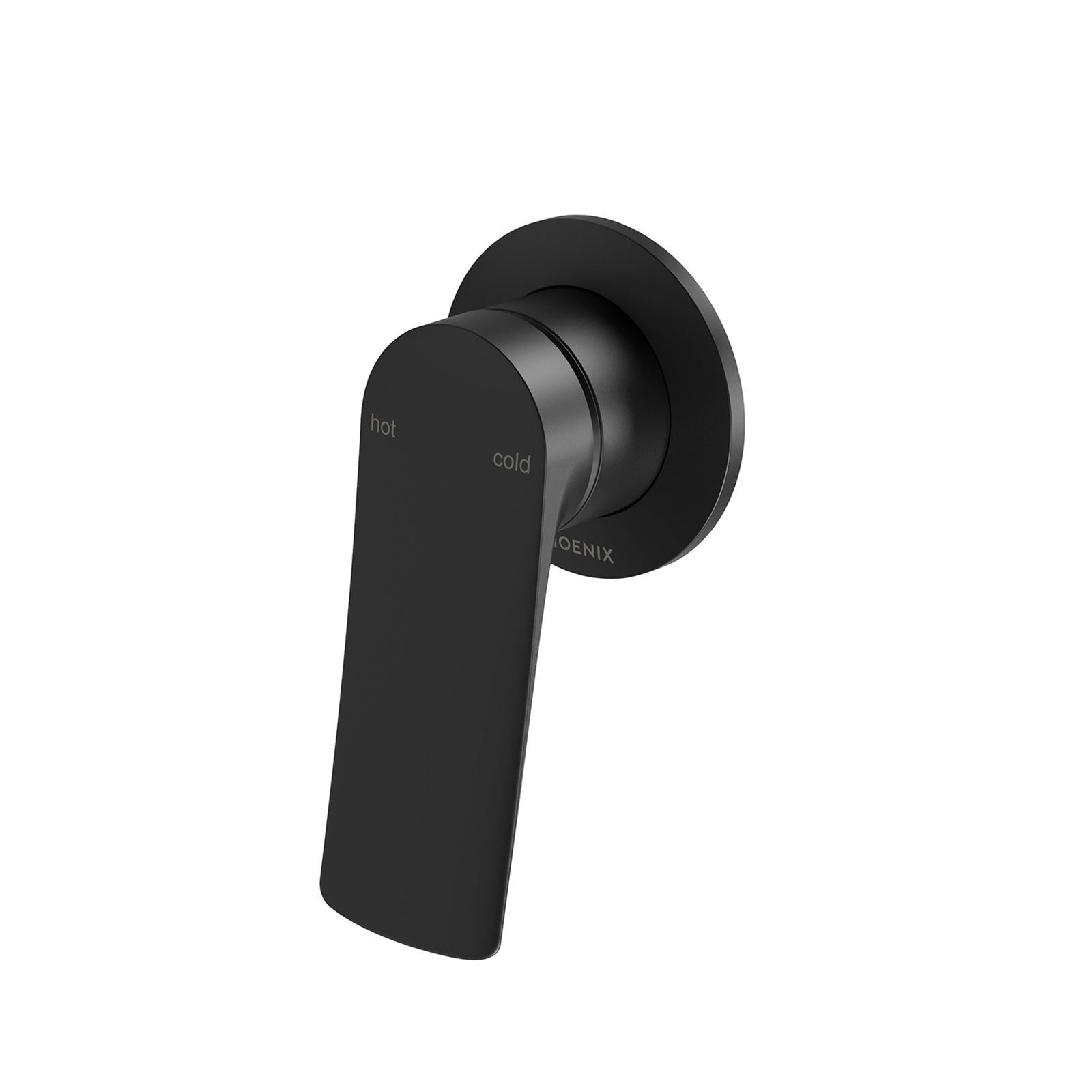 Phoenix Kusabi matte black wall mixer with long lever and round trim plate, front view
