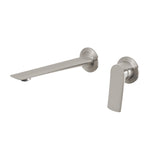 Phoenix Kusabi wall basin/bath mixer set in brushed nickel, with long spout and lever handle, wall mounted