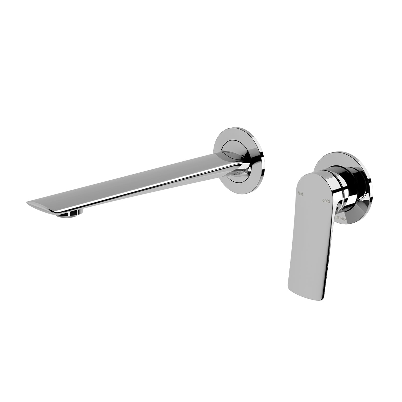 Phoenix Kusabi chrome wall basin/bath mixer set with 200mm spout and lever handle, shown on white background