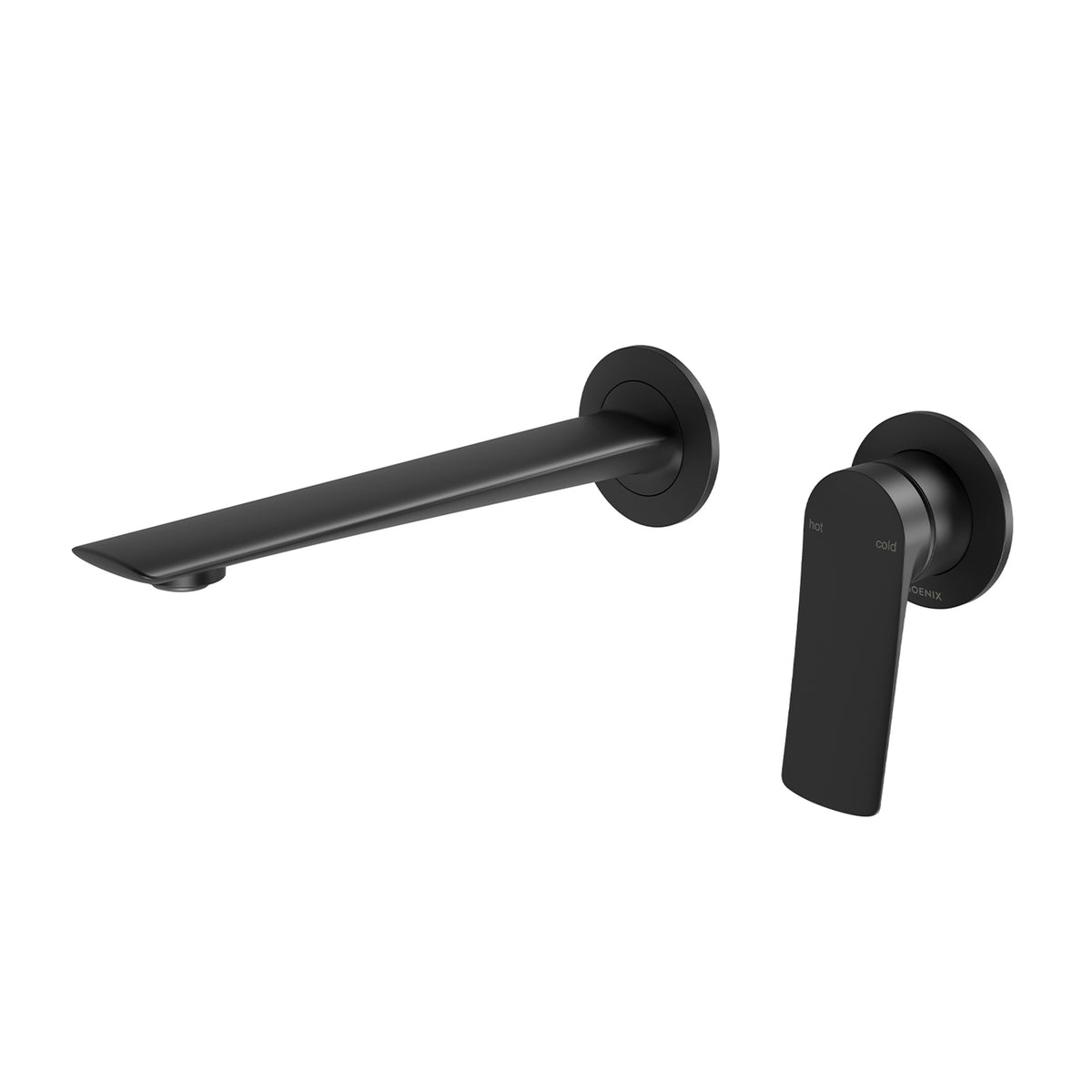 Phoenix Kusabi wall basin/bath mixer set in matte black, with 200mm spout and lever handle, wall mounted on white background