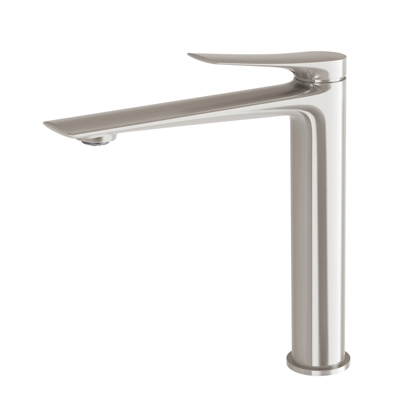 Phoenix Kusabi vessel mixer in brushed nickel, tall single-lever basin tap with squared spout on white background