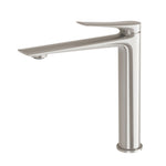 Phoenix Kusabi vessel mixer in brushed nickel, tall single-lever basin tap with squared spout on white background