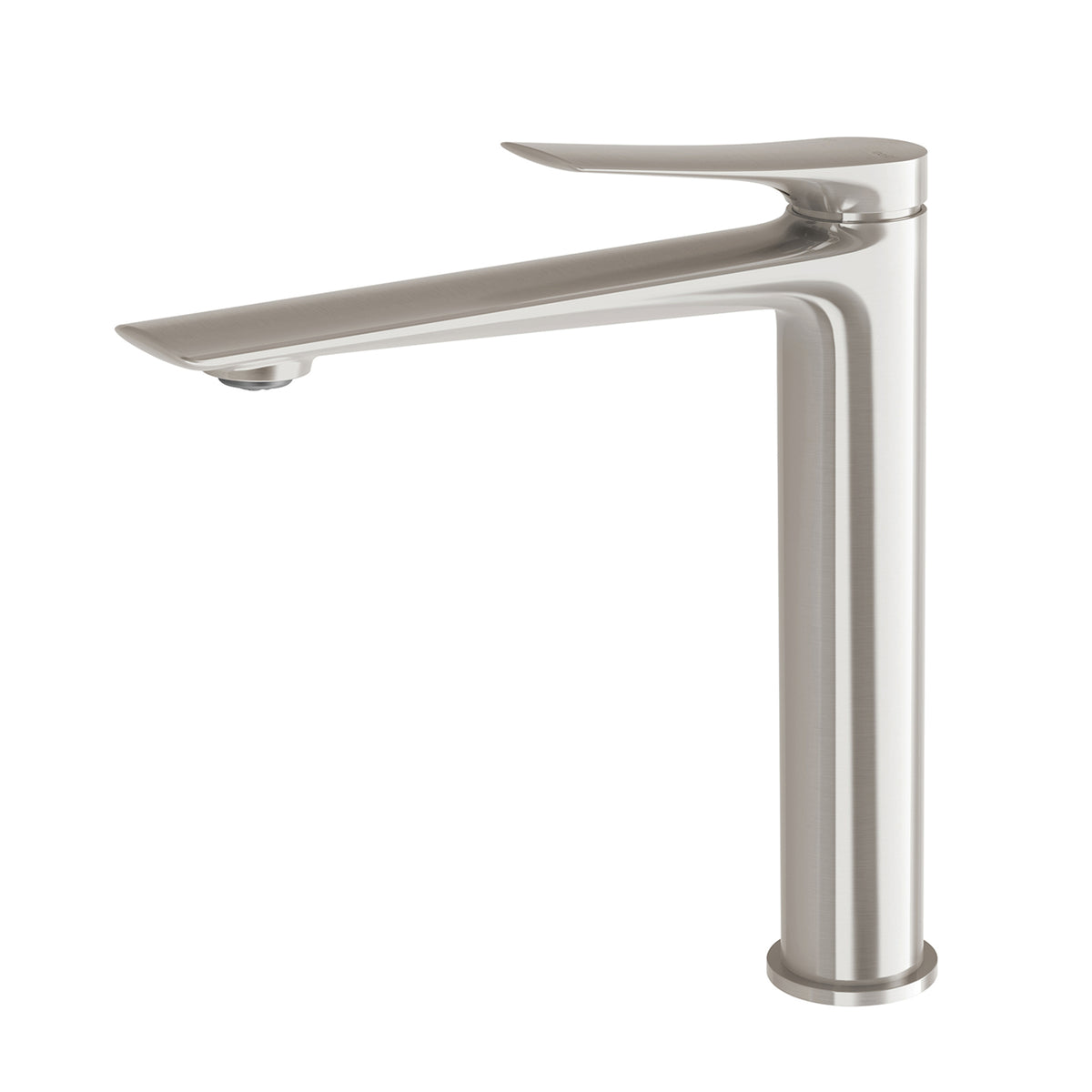 Phoenix Kusabi vessel mixer in brushed nickel, tall single-lever basin tap with squared spout on white background