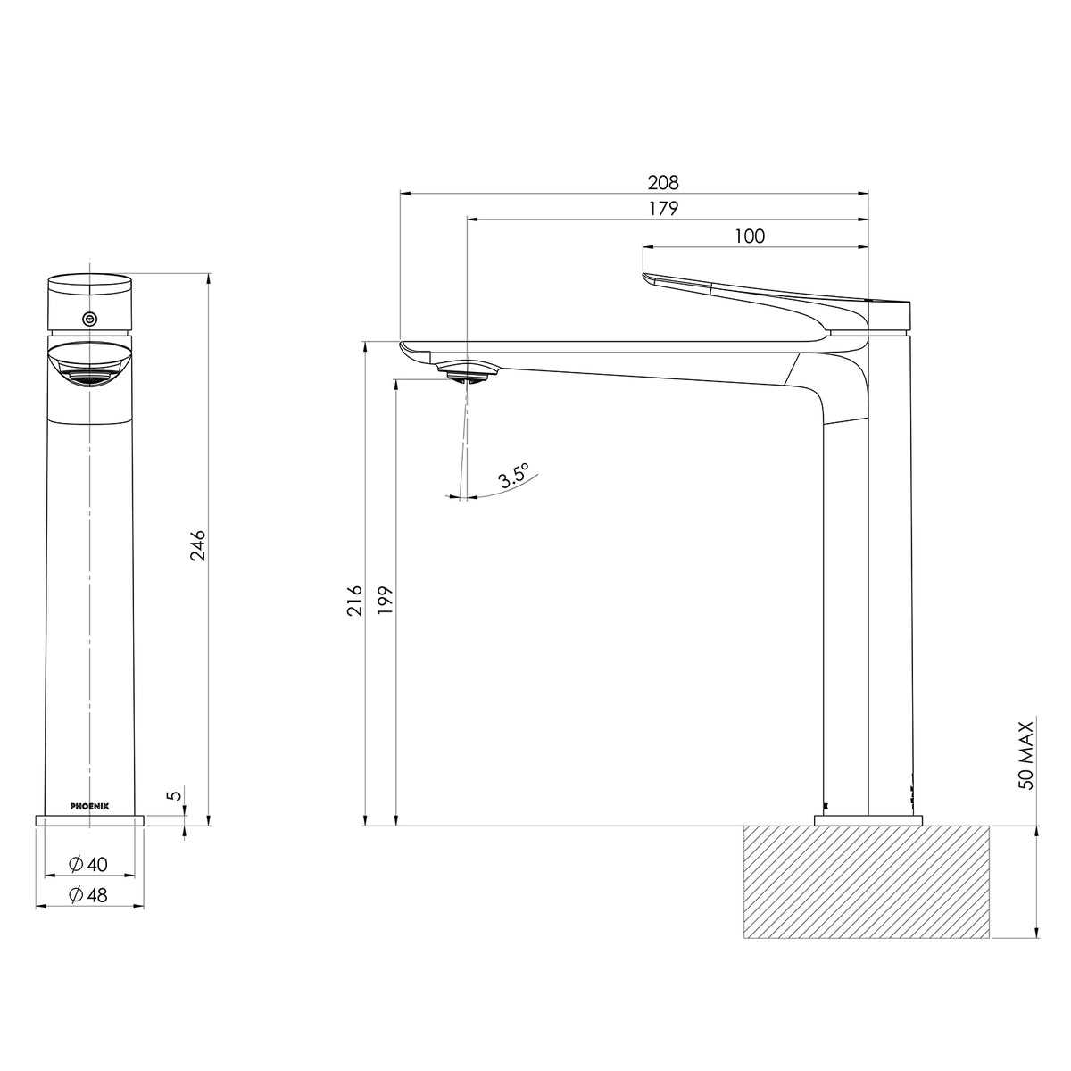 Phoenix Kusabi vessel mixer technical drawing, matte black basin mixer with 246mm tall body and 179mm reach￼