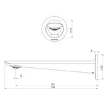 Phoenix Kusabi wall basin/bath outlet technical drawing, brushed carbon, showing 201mm reach and dimensions