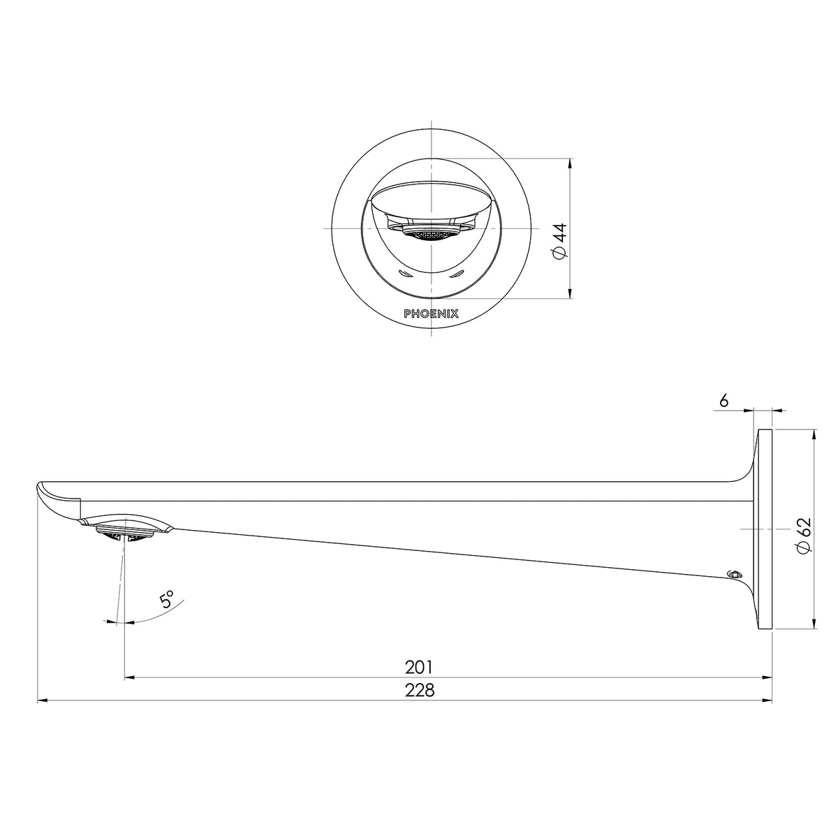 Phoenix Kusabi wall basin/bath outlet technical drawing, brushed carbon, showing 201mm reach and dimensions