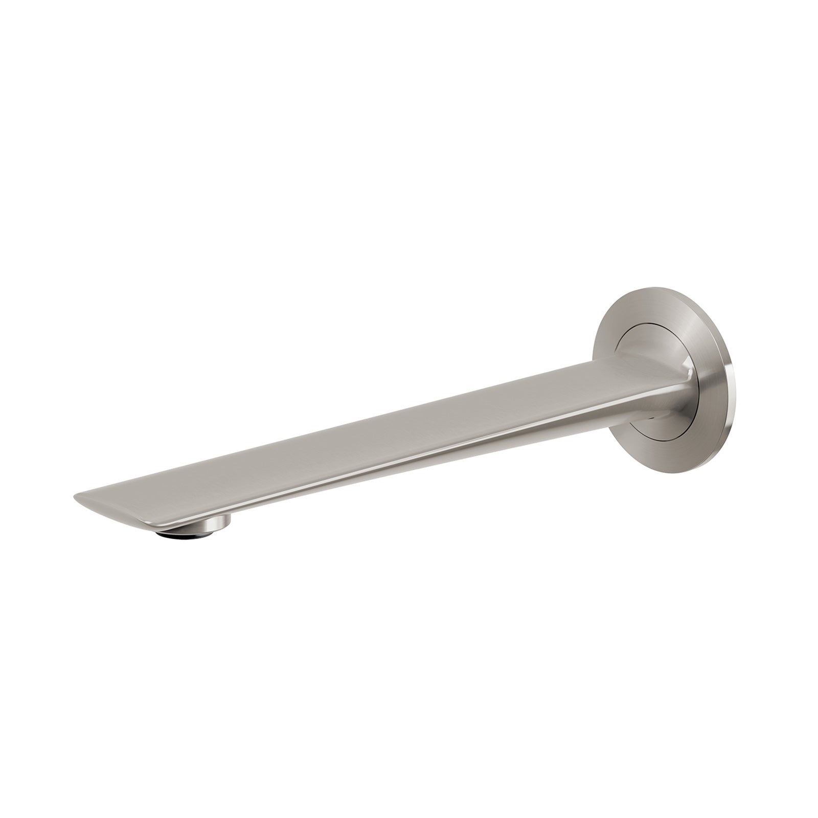 Phoenix Kusabi wall basin/bath outlet in brushed nickel, modern square spout on round wall plate
