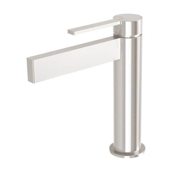 Phoenix Lexi MKII basin mixer in brushed nickel, with long lever handle and cylindrical body on white background