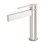 Phoenix Lexi MKII basin mixer in brushed nickel, with long lever handle and cylindrical body on white background