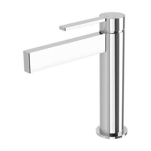 Phoenix Lexi MKII chrome basin mixer with slim cylindrical body and long flat lever handle on white background