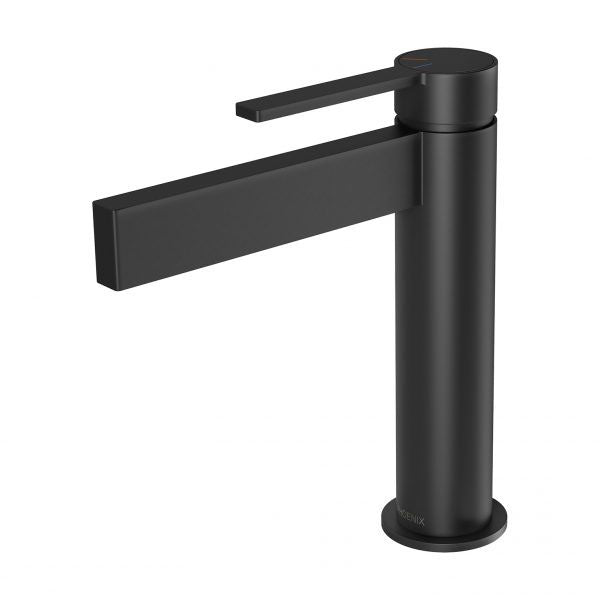 Phoenix Lexi MKII matte black basin mixer tap with slim spout and pin lever on white background