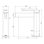 Phoenix Lexi MKII basin mixer technical drawing in brushed nickel, showing side and front views with dimensions