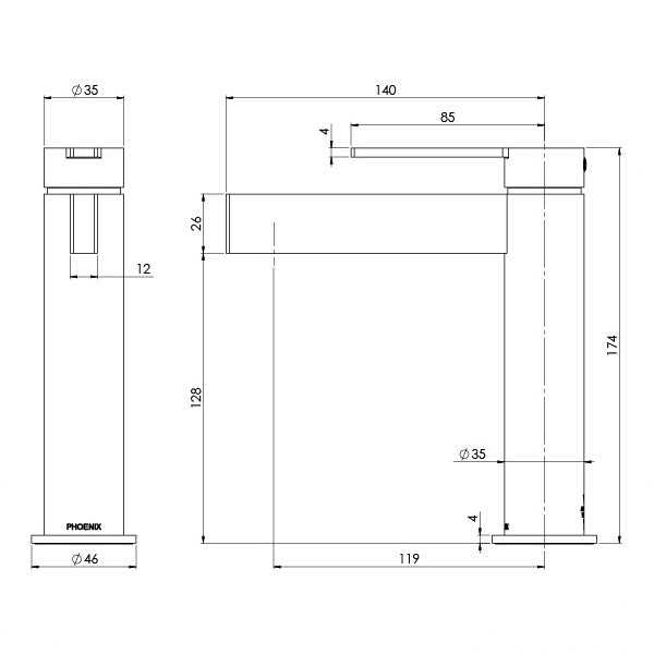 Phoenix Lexi MKII basin mixer technical drawing in matte black, showing side and front dimensions for hob-mounted tap