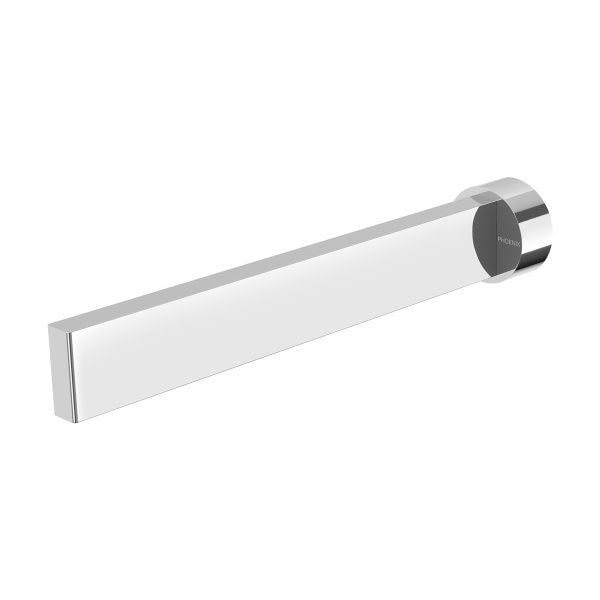 Phoenix Lexi MKII 200mm chrome basin/bath spout, wall-mounted with slim rectangular outlet and round base