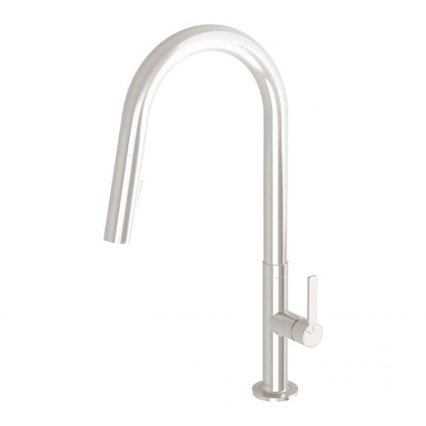 Phoenix Lexi MKII pull out sink mixer in brushed nickel, with high curved swivel spout and side lever, on white background