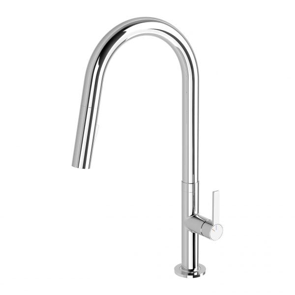 Phoenix Lexi MKII pull out sink mixer tap in polished chrome, shown on white background with high gooseneck swivel spout and side lever