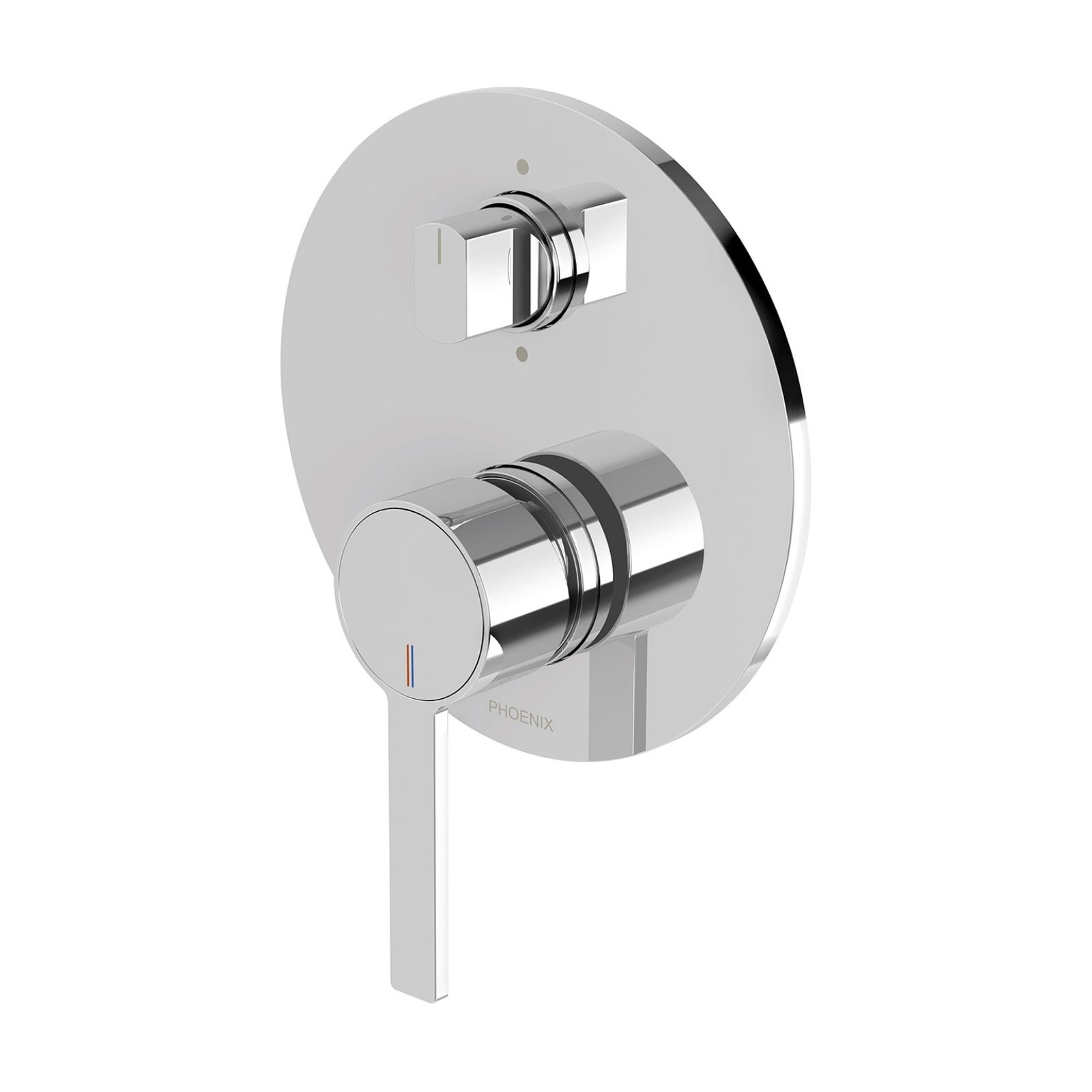 Phoenix Lexi MKII wall-mounted shower and bath diverter mixer in chrome, with round plate and lever handles