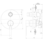 Phoenix Lexi MKII wall-mounted chrome shower/bath diverter mixer technical drawing with dimensions