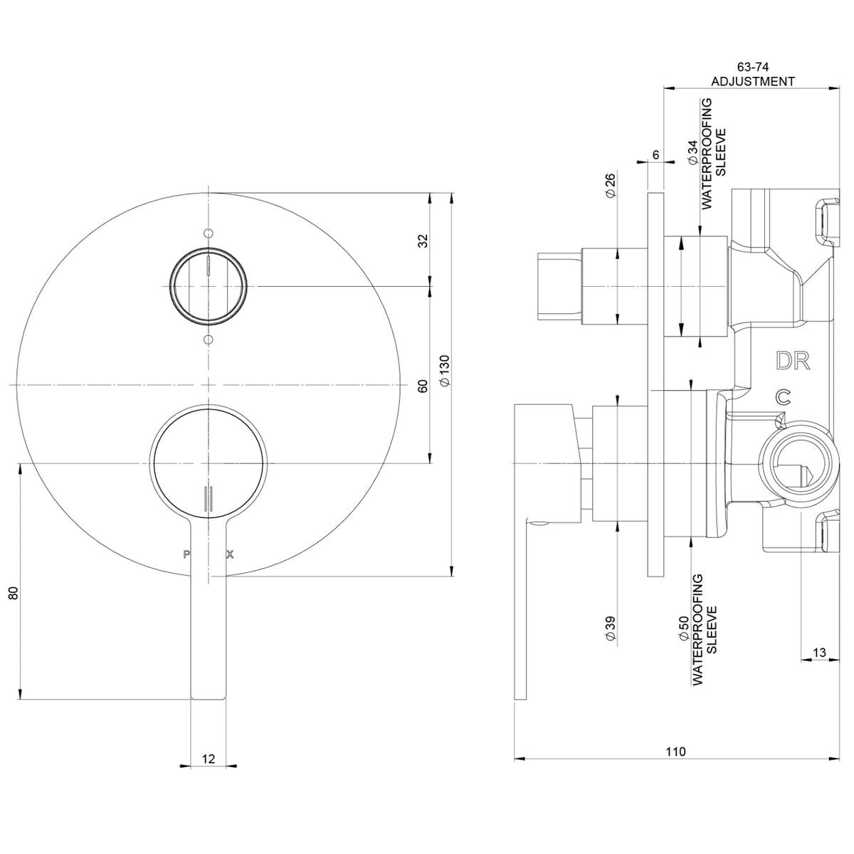 Phoenix Lexi MKII wall-mounted chrome shower/bath diverter mixer technical drawing with dimensions