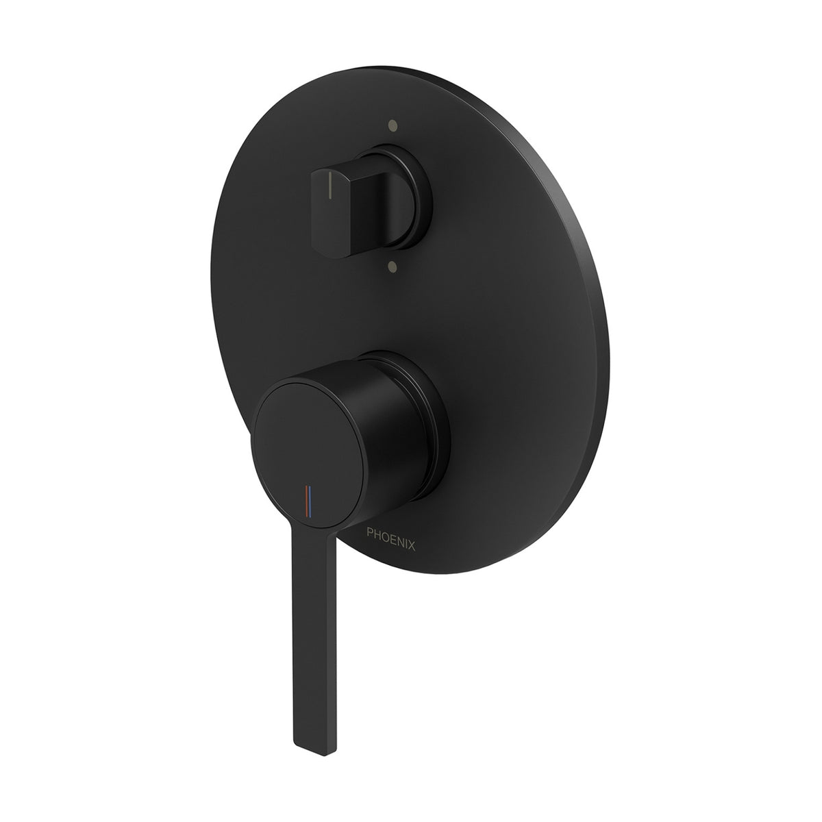 Phoenix Lexi MKII matte black wall-mounted shower/bath diverter mixer with round backplate and twin handles