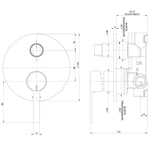 Phoenix Lexi MKII matte black shower/bath diverter mixer technical drawing, front and side views with dimensions