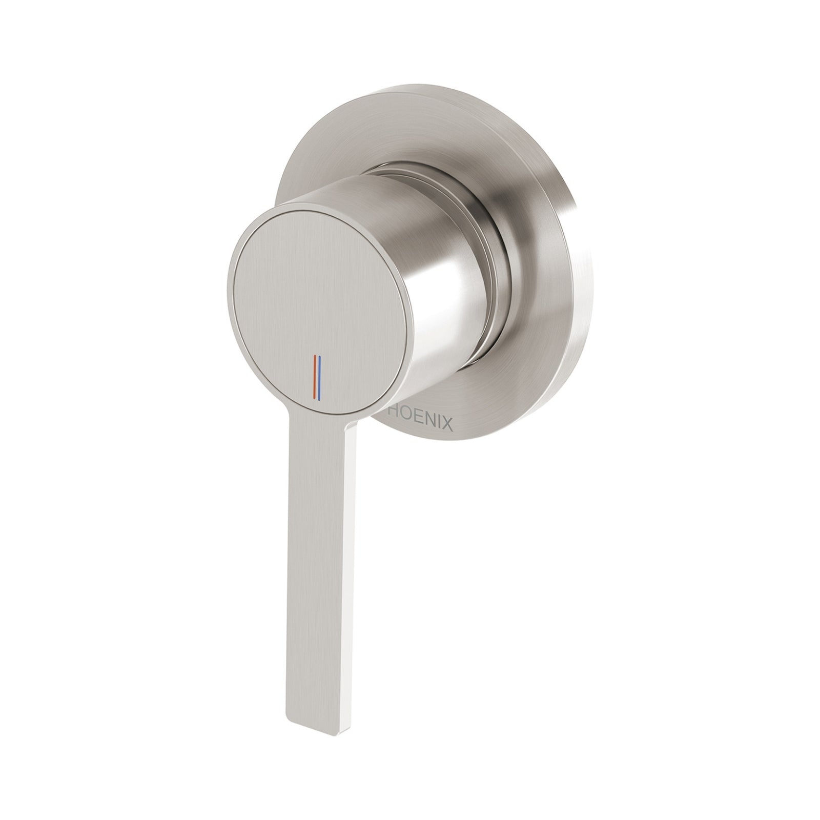 Phoenix Lexi MKII wall mixer in brushed nickel, round single-lever shower mixer with colour indicators and backplate