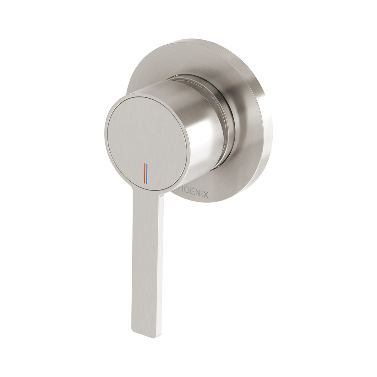 Phoenix Lexi MKII wall mixer in brushed nickel, round single-lever shower mixer with colour indicators and backplate