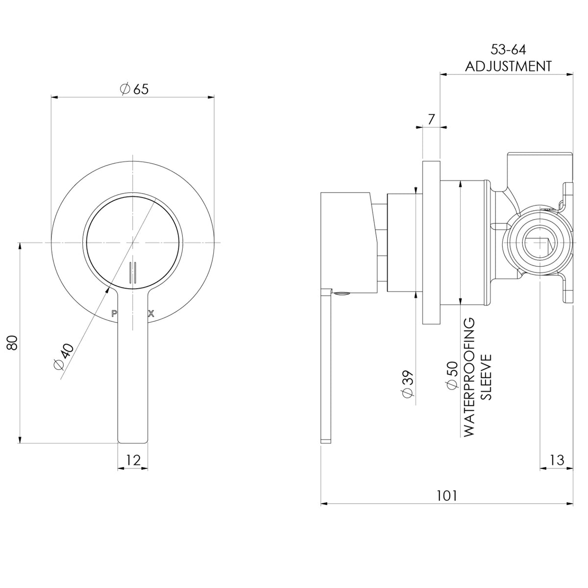 Technical drawing of Phoenix Lexi MKII wall mixer, showing front and side dimensions with 65 mm round brushed nickel faceplate.
