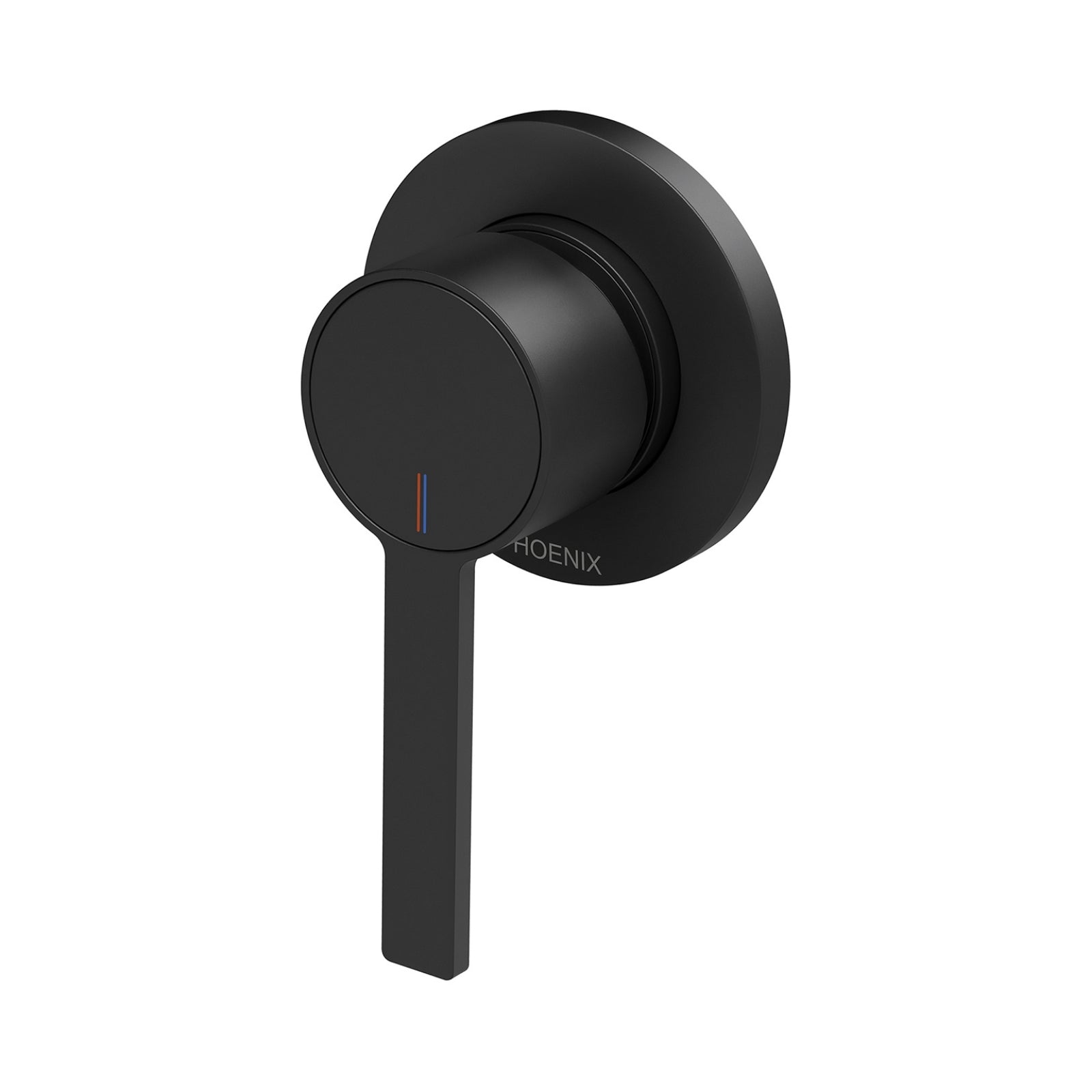 Phoenix Lexi MKII wall mixer in matte black, shown front on with single lever and round wall plate