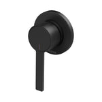 Phoenix Lexi MKII wall mixer in matte black, shown front on with single lever and round wall plate