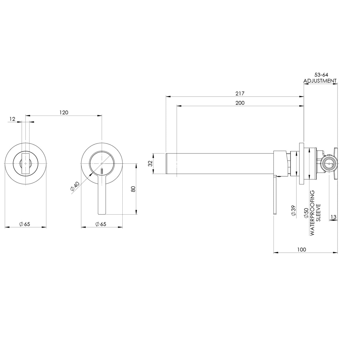 Phoenix Lexi MKII SwitchMix wall bath mixer set technical drawing, brushed nickel, 200mm spout, with dimensions shown