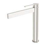 Phoenix Lexi MKII vessel mixer tap in brushed nickel, tall cylindrical basin mixer with slim lever handle