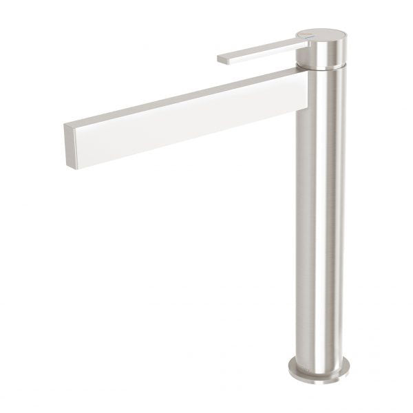Phoenix Lexi MKII vessel mixer tap in brushed nickel, tall cylindrical basin mixer with slim lever handle
