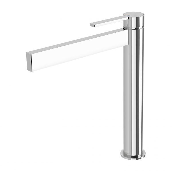 Phoenix Lexi MKII vessel mixer tap in chrome with tall cylindrical body and slim lever handle on white background