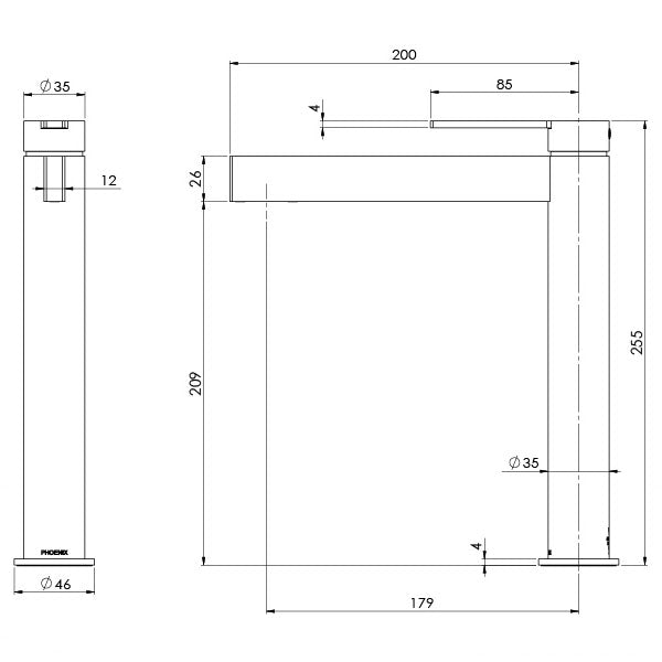 Phoenix Lexi MKII vessel mixer technical drawing in chrome, showing tall hob-mounted basin tap with dimensions visible