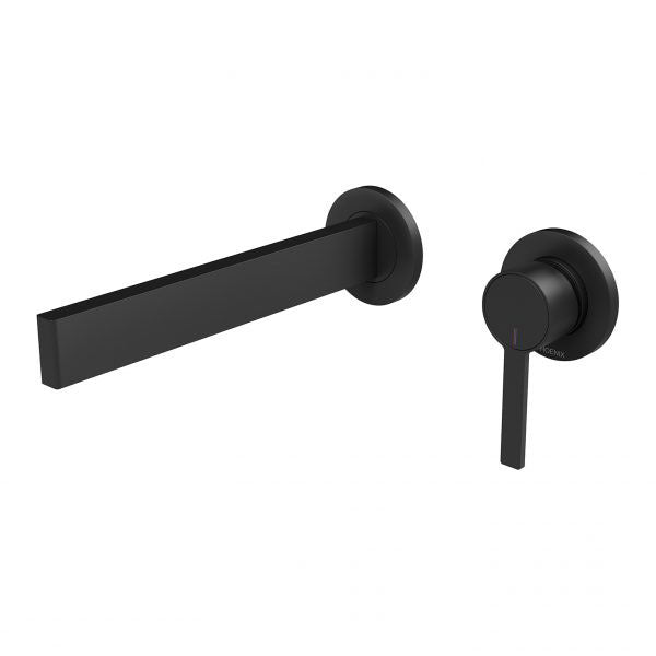 Phoenix Lexi MKII wall basin mixer set in matte black, with slim wall spout and pin handle, front view on white background