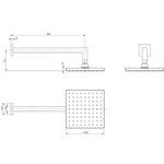 Phoenix Lexi square shower arm and rose technical drawing in chrome, showing 400mm arm and 200mm square head
