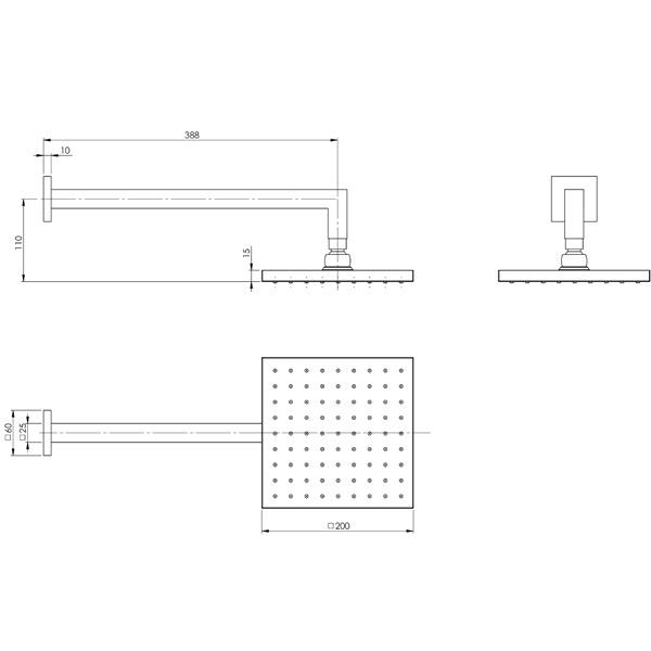Phoenix Lexi square shower arm and rose technical drawing in chrome, showing 400mm arm and 200mm square head
