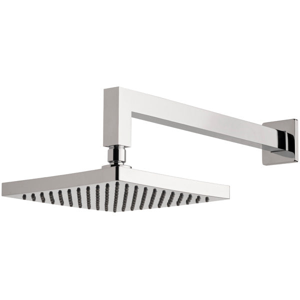 Phoenix Lexi chrome square wall shower head with 400mm arm, shown front-on on white background