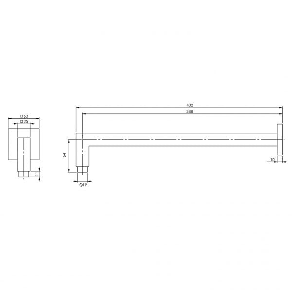 Technical drawing of Phoenix Lexi square shower arm, 400mm, with wall mount dimensions in brushed carbon finish