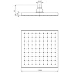Phoenix Lexi 200mm square shower rose technical drawing in brushed carbon, showing side and front dimensions, G1/2" fitting and 57mm height