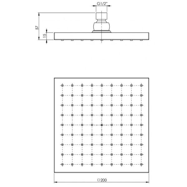 Phoenix Lexi 200mm square shower rose technical drawing in brushed carbon, showing side and front dimensions, G1/2" fitting and 57mm height